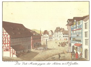 El Mercado de Ganado hacia la Casa de la Moneda en St. Gallen de Johann Conrad Mayr